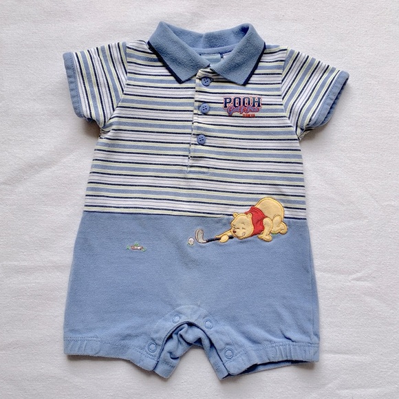 Disney Winnie the Pooh Golf Pro Embroidered Striped Blue Romper 3-6 Months - Picture 1 of 10